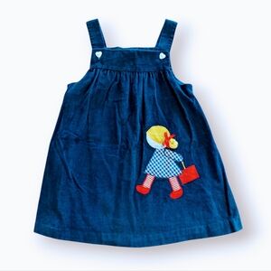 Vintage 1980s Size 5 Blue Corduroy Dress with Embroidered Girl